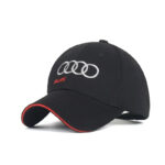 Audi Hat – Embroidered Adjustable Cotton Cap with Audi Rings Logo and Red Trim 1 audi hat embroidered black color front view