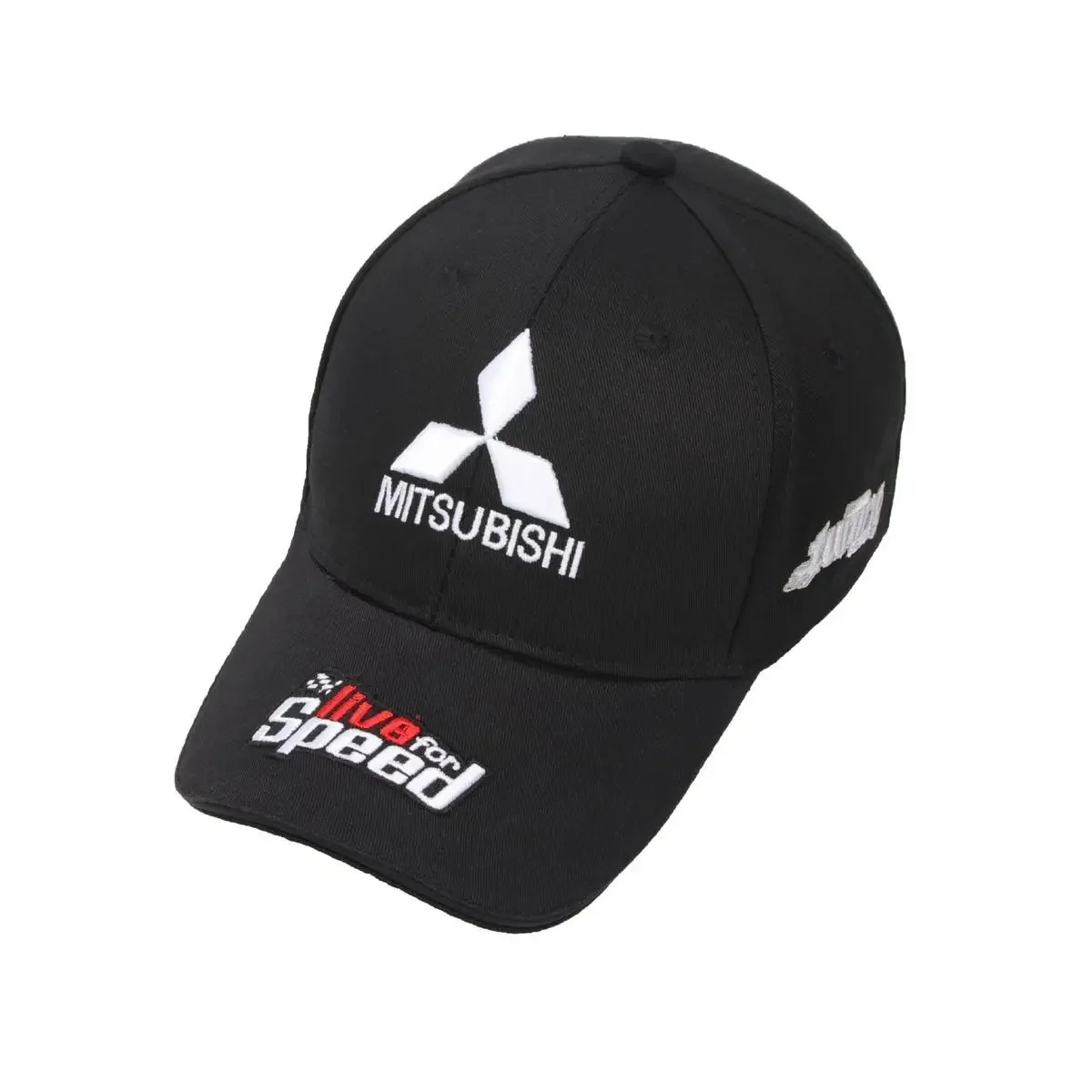 mitsubishi hat black cap three quarter view with logo and brim patch