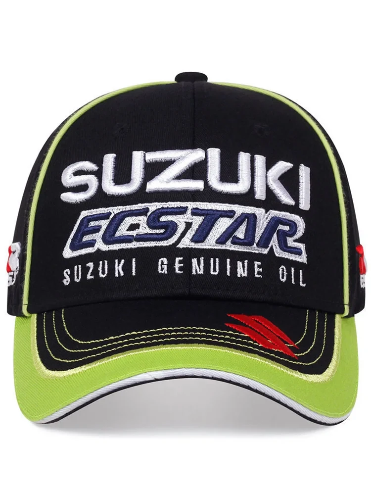 Suzuki Hat - Ecstar Embroidered Adjustable Suzuki Racing Baseball Cap 14 suzuki hat black cap front view with lime green brim